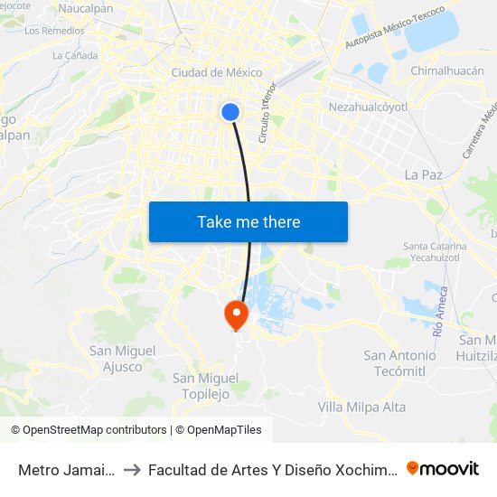Metro Jamaica to Facultad de Artes Y Diseño Xochimilco map