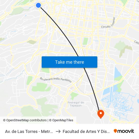 Av. de Las Torres - Metro Observatorio to Facultad de Artes Y Diseño Xochimilco map