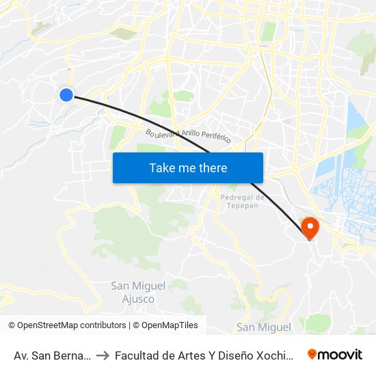 Av. San Bernabé to Facultad de Artes Y Diseño Xochimilco map
