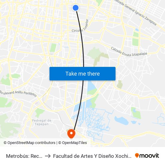 Metrobús: Recreo to Facultad de Artes Y Diseño Xochimilco map