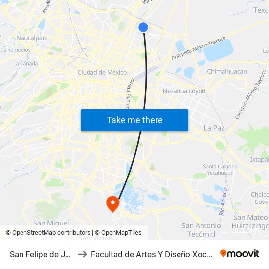 San Felipe de Jesús to Facultad de Artes Y Diseño Xochimilco map