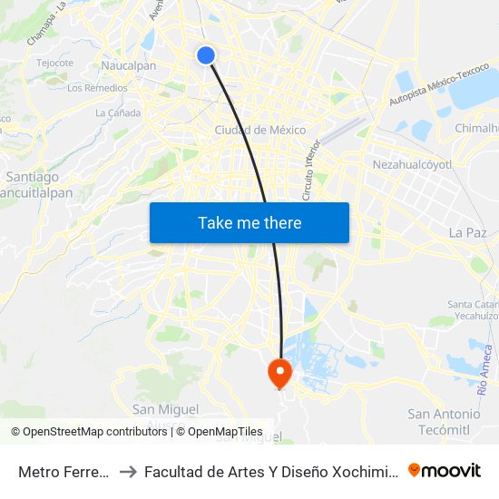 Metro Ferrería to Facultad de Artes Y Diseño Xochimilco map