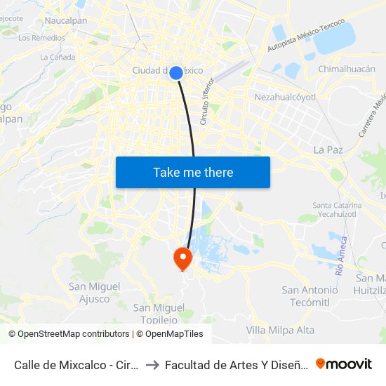 Calle de Mixcalco - Circunvalación to Facultad de Artes Y Diseño Xochimilco map