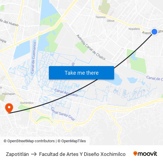 Zapotitlán to Facultad de Artes Y Diseño Xochimilco map