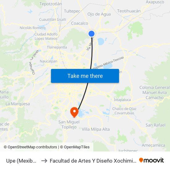 Upe (Mexibús) to Facultad de Artes Y Diseño Xochimilco map