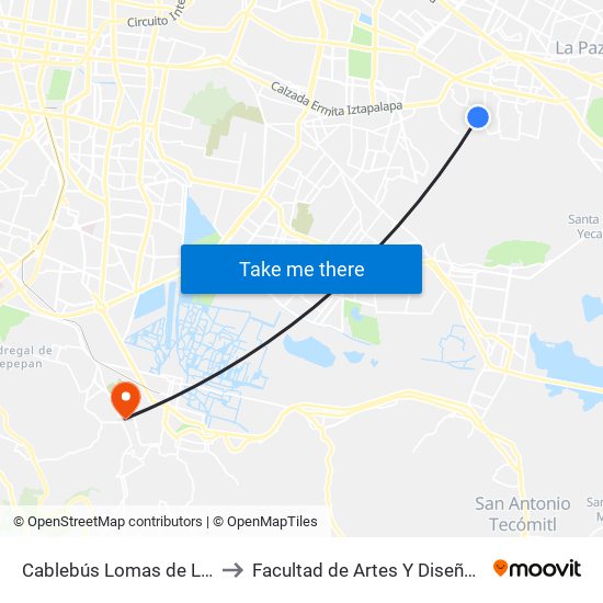 Cablebús Lomas de La Estancia to Facultad de Artes Y Diseño Xochimilco map