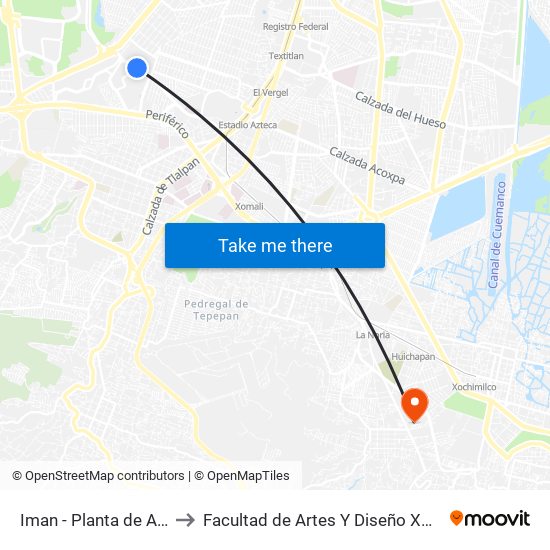 Iman - Planta de Asfalto to Facultad de Artes Y Diseño Xochimilco map