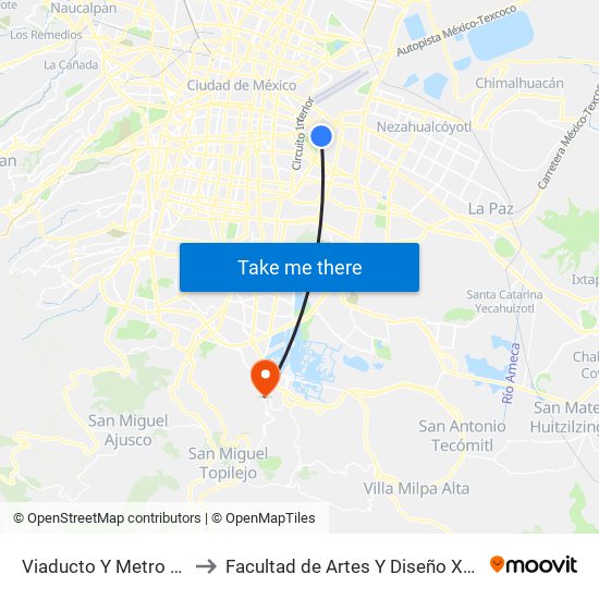 Viaducto Y Metro Puebla to Facultad de Artes Y Diseño Xochimilco map