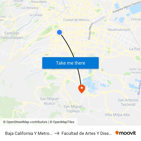 Baja California Y Metro Patriotismo to Facultad de Artes Y Diseño Xochimilco map