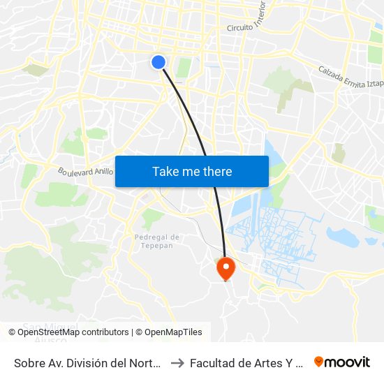 Sobre Av. División del Norte Y Calz. General Anaya to Facultad de Artes Y Diseño Xochimilco map