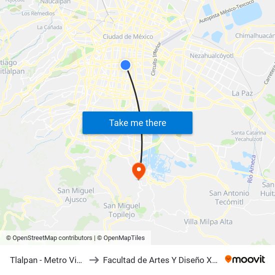 Tlalpan - Metro Viaducto to Facultad de Artes Y Diseño Xochimilco map