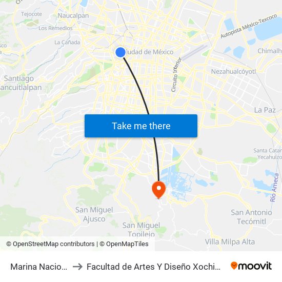 Marina Nacional to Facultad de Artes Y Diseño Xochimilco map