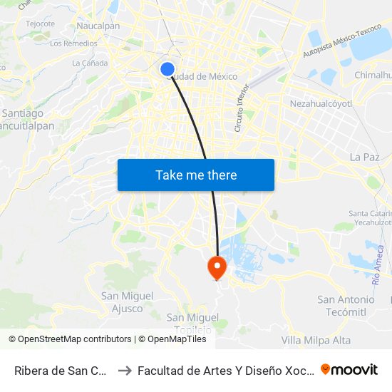 Ribera de San Cosme to Facultad de Artes Y Diseño Xochimilco map