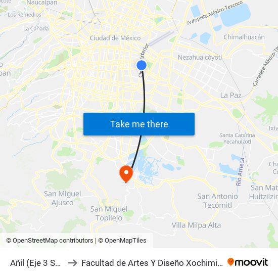 Añil (Eje 3 Sur) to Facultad de Artes Y Diseño Xochimilco map
