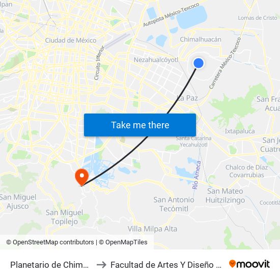 Planetario de Chimalhuacan to Facultad de Artes Y Diseño Xochimilco map