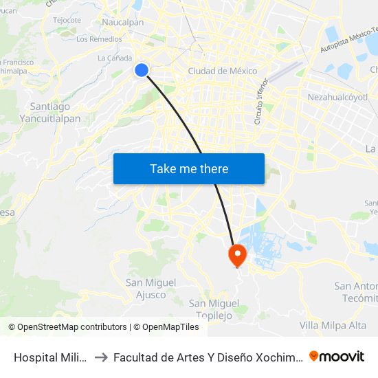 Hospital Militar to Facultad de Artes Y Diseño Xochimilco map