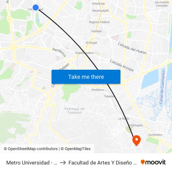 Metro Universidad - Anden B to Facultad de Artes Y Diseño Xochimilco map