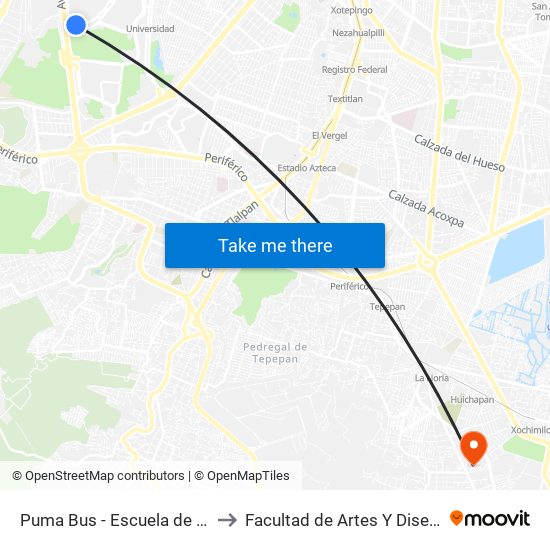 Puma Bus - Escuela de Trabajo Social to Facultad de Artes Y Diseño Xochimilco map