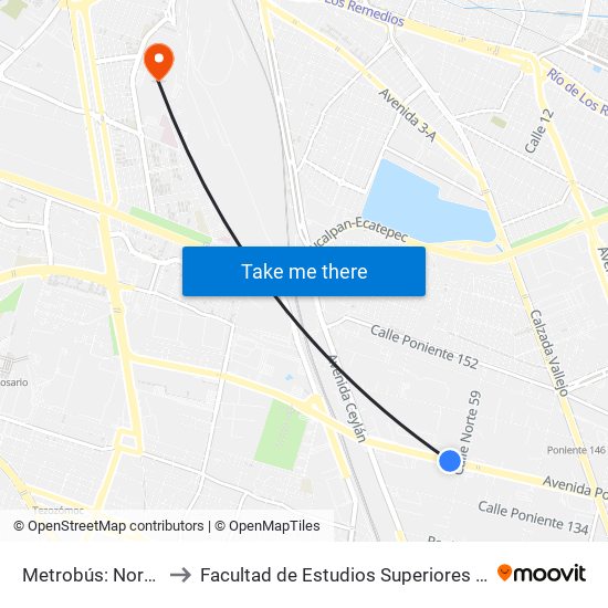 Metrobús: Norte 59 to Facultad de Estudios Superiores Iztacala map