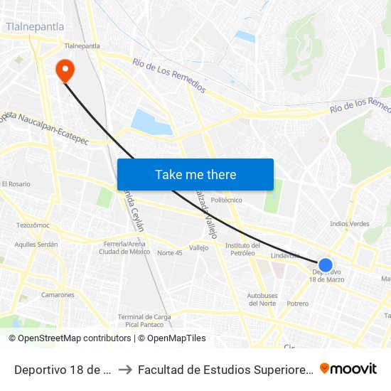 Deportivo 18 de Marzo to Facultad de Estudios Superiores Iztacala map