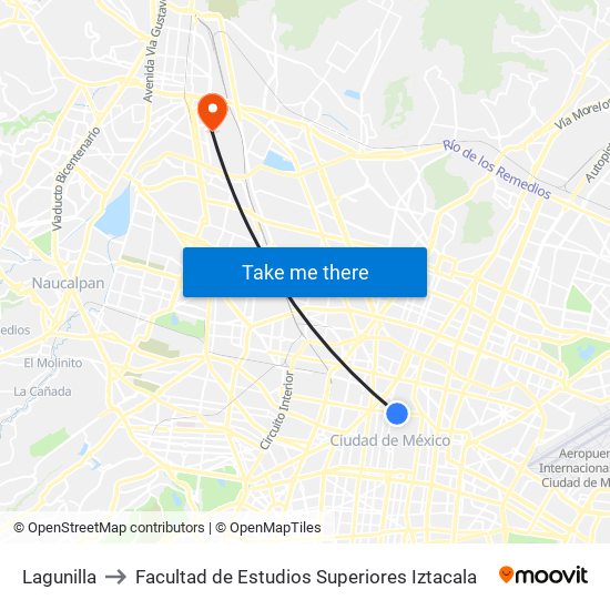 Lagunilla to Facultad de Estudios Superiores Iztacala map