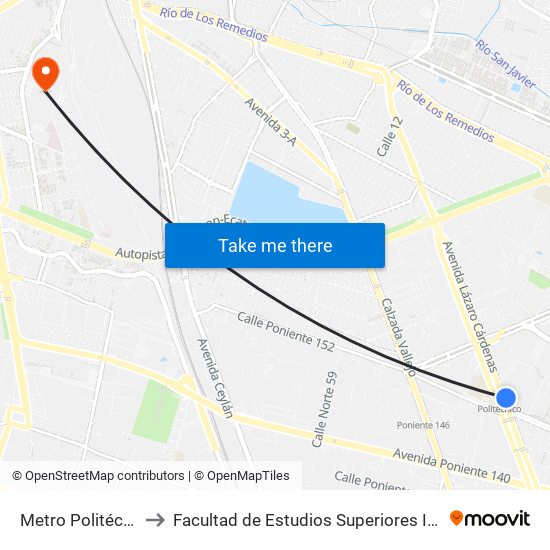 Metro Politécnico to Facultad de Estudios Superiores Iztacala map