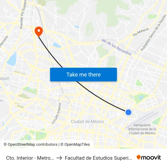 Cto. Interior - Metro Oceanía to Facultad de Estudios Superiores Iztacala map