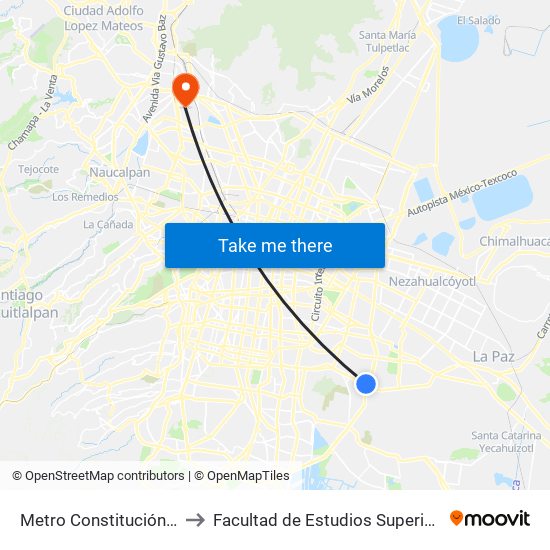 Metro Constitución de 1917 to Facultad de Estudios Superiores Iztacala map