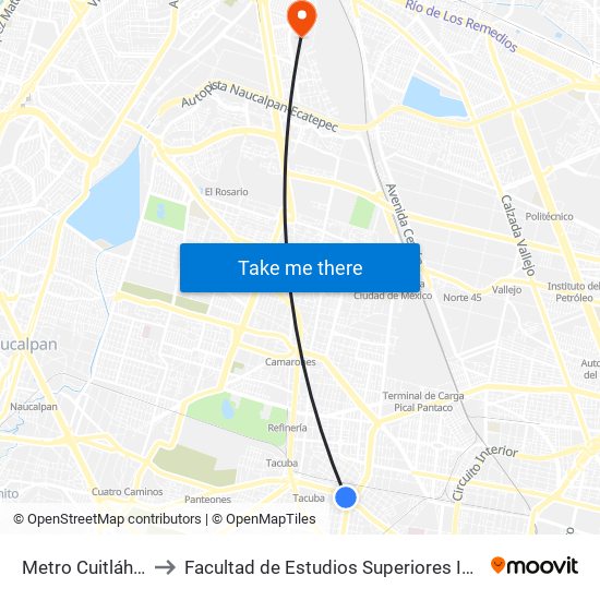 Metro Cuitláhuac to Facultad de Estudios Superiores Iztacala map