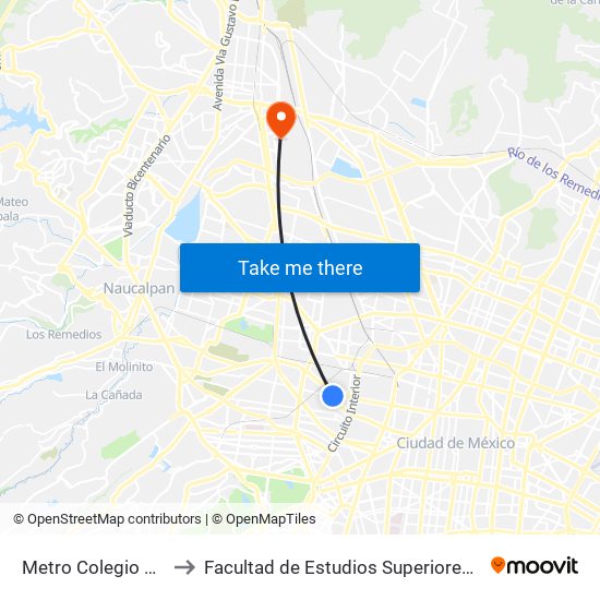 Metro Colegio Militar to Facultad de Estudios Superiores Iztacala map