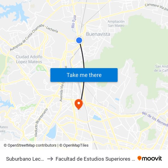 Suburbano Lechería to Facultad de Estudios Superiores Iztacala map