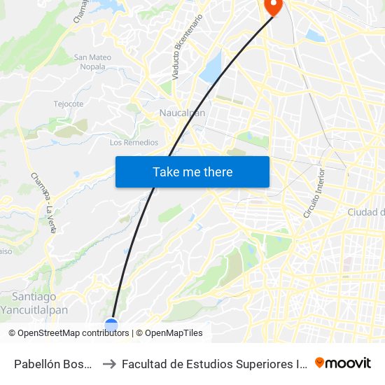 Pabellón Bosques to Facultad de Estudios Superiores Iztacala map