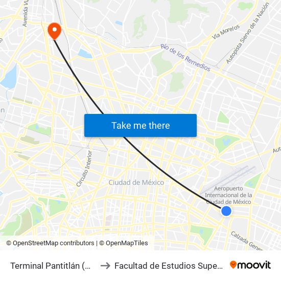 Terminal Pantitlán (Mexibus L3) to Facultad de Estudios Superiores Iztacala map