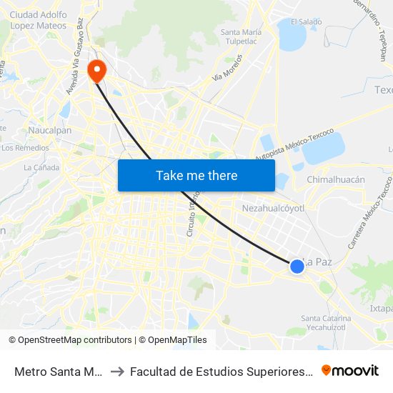 Metro Santa Martha to Facultad de Estudios Superiores Iztacala map