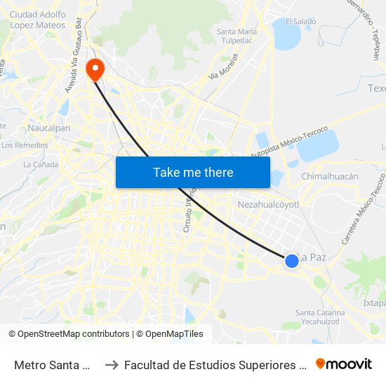 Metro Santa Marta to Facultad de Estudios Superiores Iztacala map