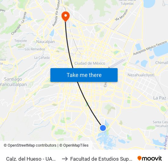 Calz. del Hueso - UAM Xochimilco to Facultad de Estudios Superiores Iztacala map