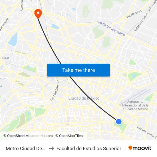 Metro Ciudad Deportiva to Facultad de Estudios Superiores Iztacala map