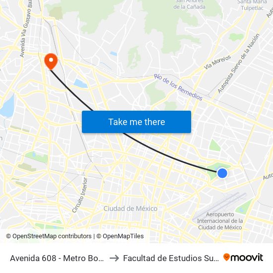 Avenida 608 -  Metro Bosques De Aragón to Facultad de Estudios Superiores Iztacala map