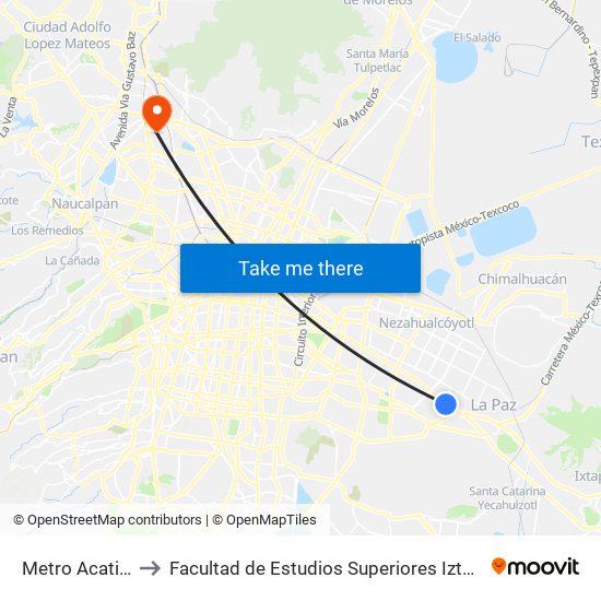 Metro Acatitla to Facultad de Estudios Superiores Iztacala map