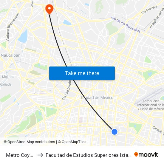 Metro Coyuya to Facultad de Estudios Superiores Iztacala map