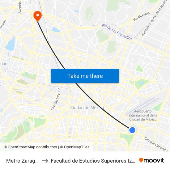 Metro Zaragoza to Facultad de Estudios Superiores Iztacala map
