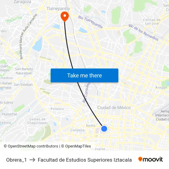 Obrera_1 to Facultad de Estudios Superiores Iztacala map