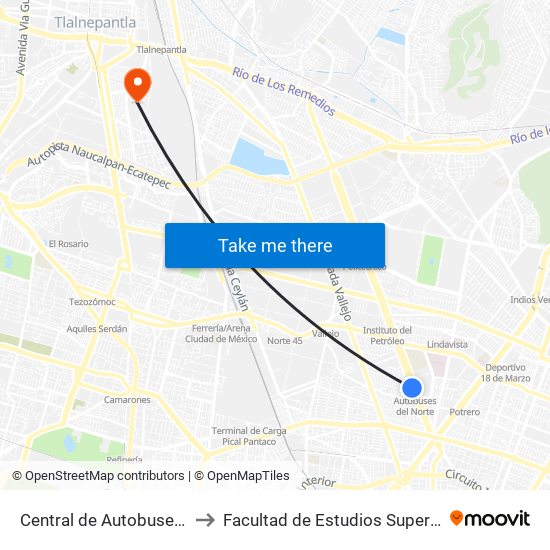 Central de Autobuses del Norte to Facultad de Estudios Superiores Iztacala map