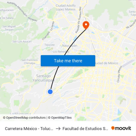 Carretera México - Toluca - Puente El Yaqui to Facultad de Estudios Superiores Iztacala map