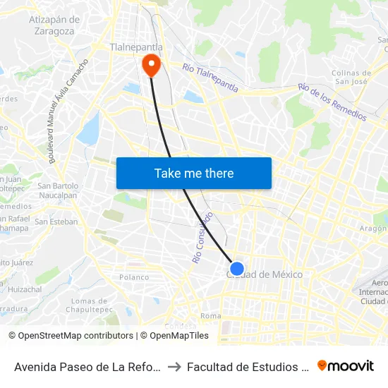 Avenida Paseo de La Reforma - Metro Hidalgo_1 to Facultad de Estudios Superiores Iztacala map