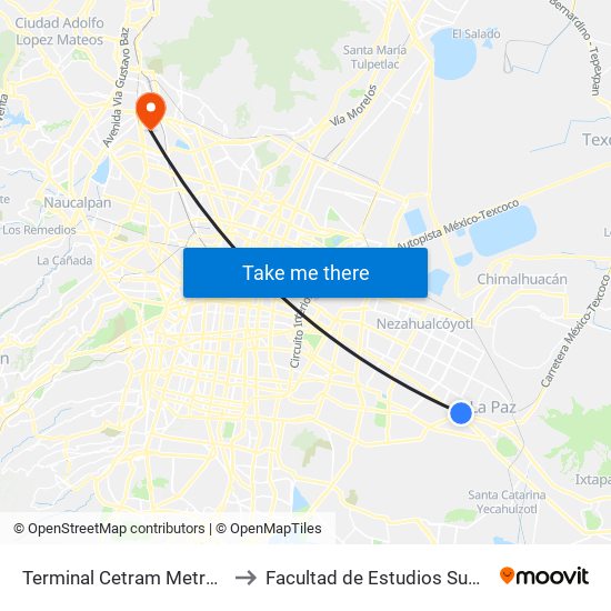 Terminal Cetram Metro Santa Martha to Facultad de Estudios Superiores Iztacala map