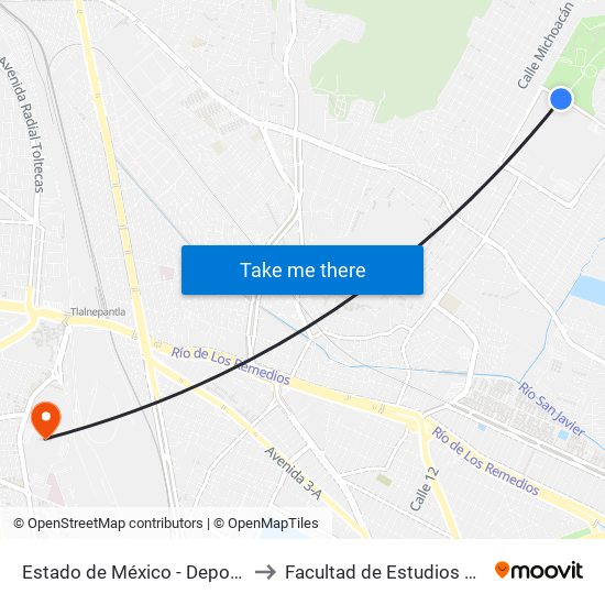 Estado de México - Deportivo Carmen Serdán to Facultad de Estudios Superiores Iztacala map