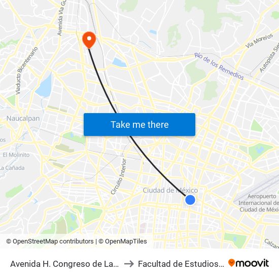Avenida H. Congreso de La Unión - Metro Candelaria to Facultad de Estudios Superiores Iztacala map