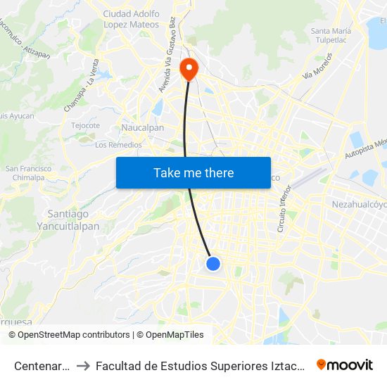 Centenario to Facultad de Estudios Superiores Iztacala map
