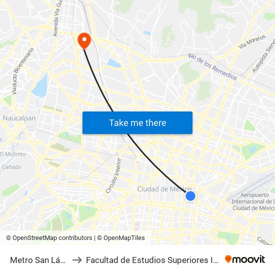 Metro San Lázaro to Facultad de Estudios Superiores Iztacala map